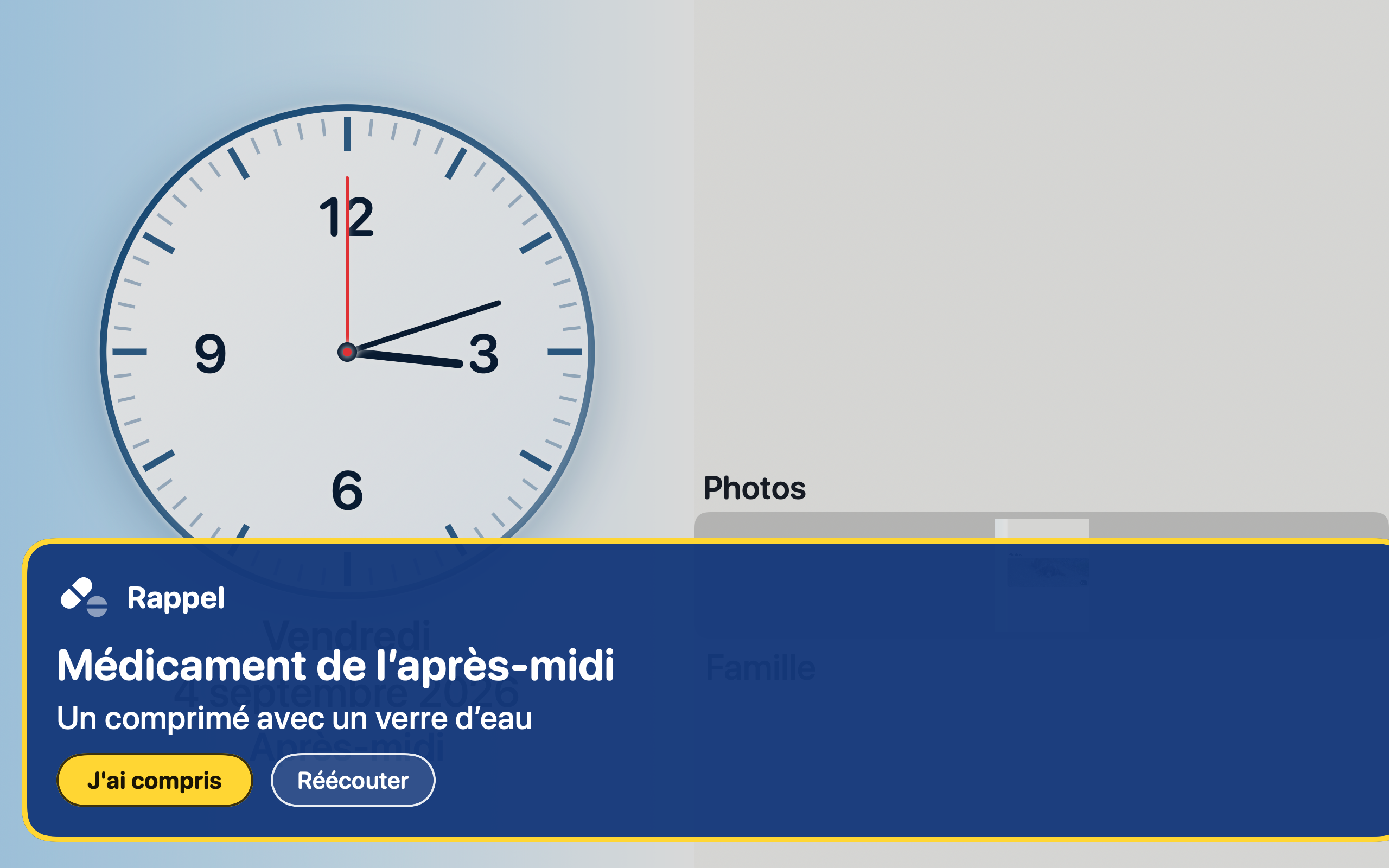 Même écran kiosque avec bandeau de rappel médicament et boutons J’ai compris et Réécouter.